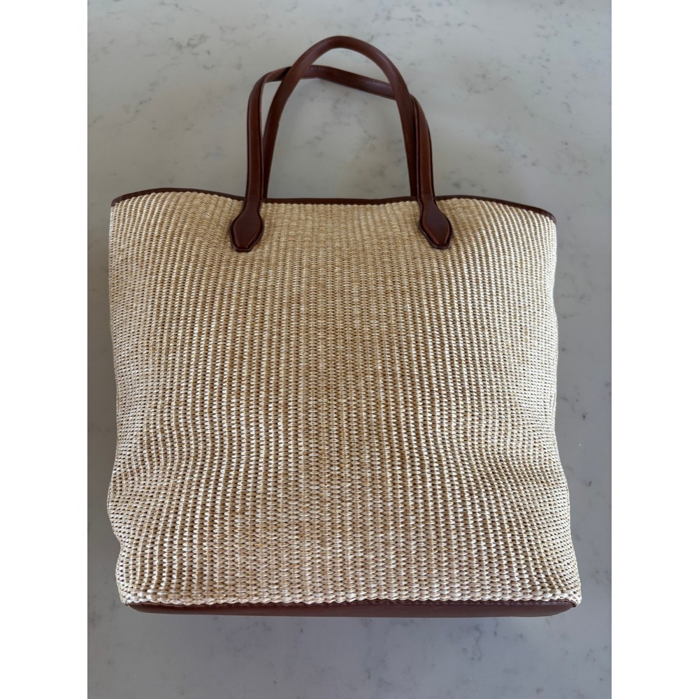 Madewell Woven Straw Transport Tote Leather Trim Brown Tan NF319 NWT
